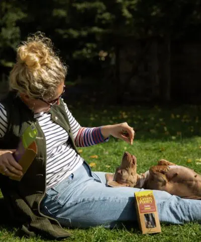 Dog Lying on its Back on Someones Legs Whilst Being Fed Green Pantry Treats