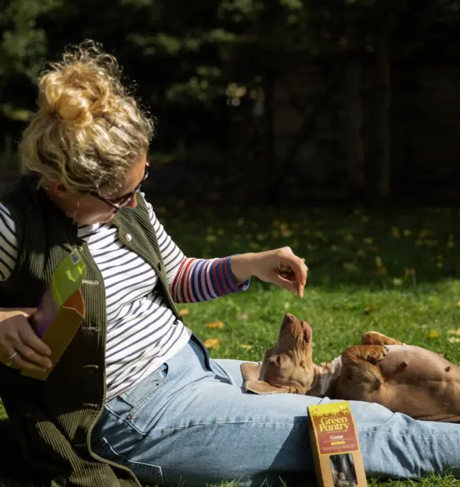 Dog Lying on its Back on Someones Legs Whilst Being Fed Green Pantry Treats