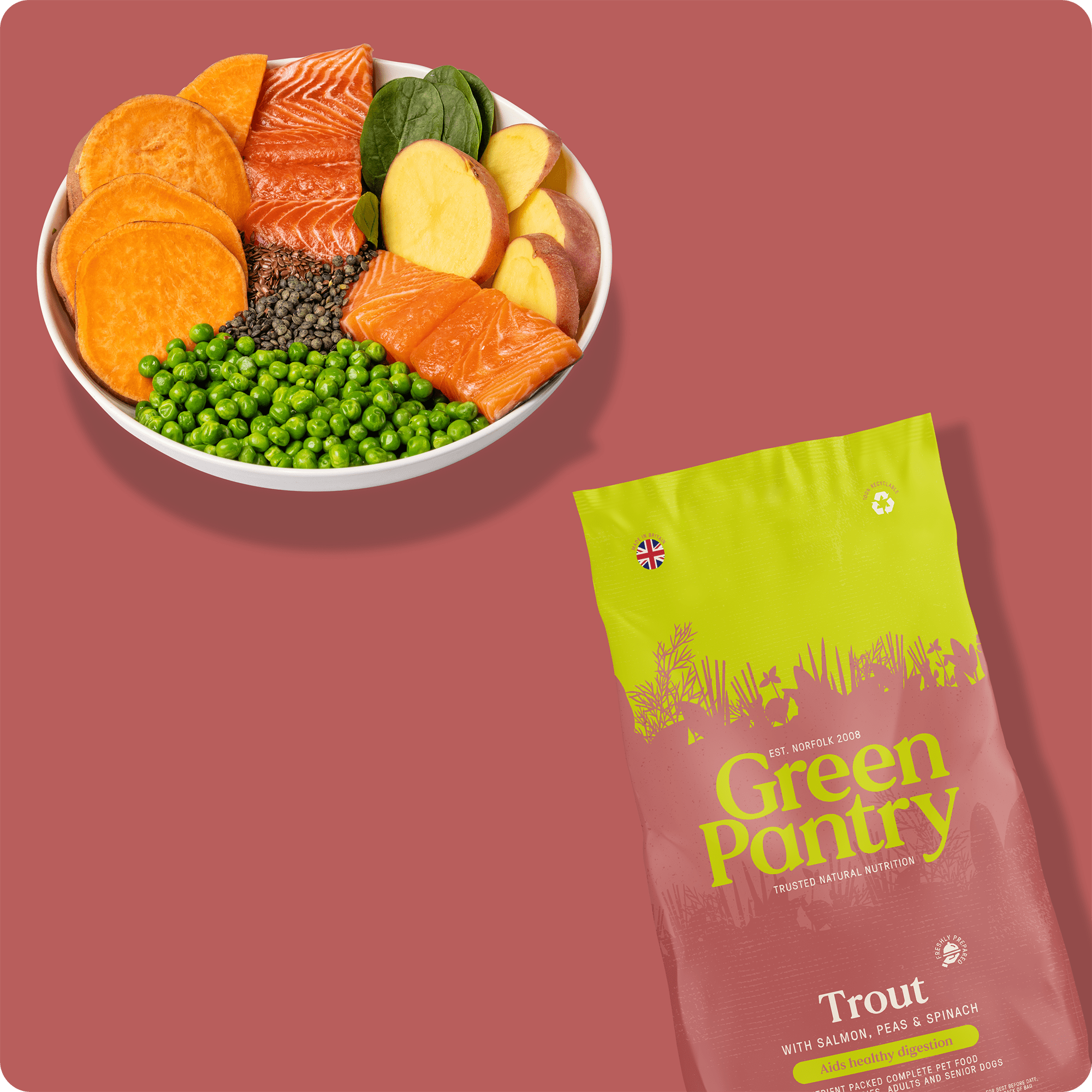 Trout with Salmon, Lentils & Spinach, supporting healthy digestion. - Green Pantry
